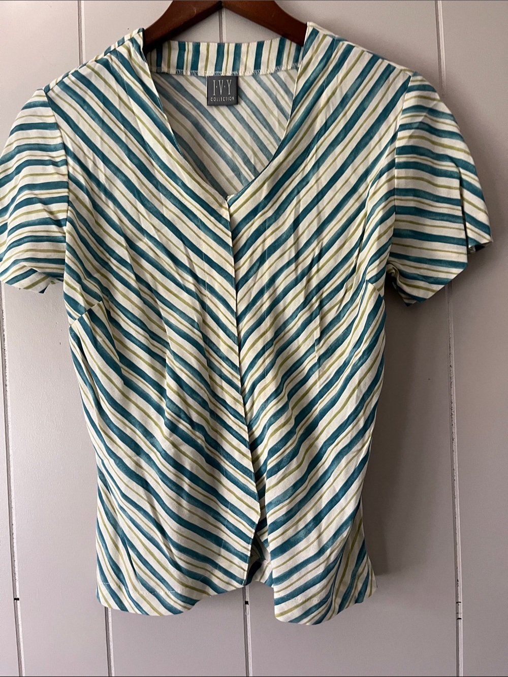 Women's Teal and Cream Striped Button-Down Top